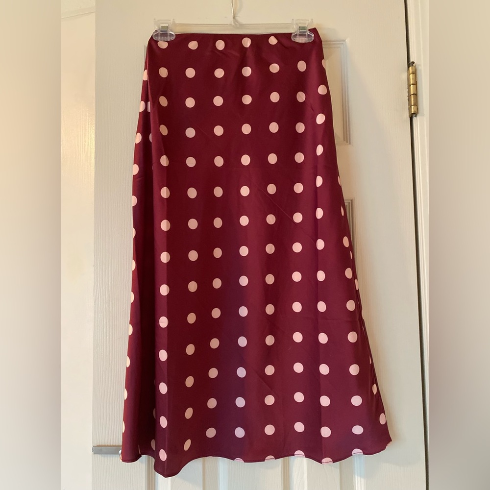 Francesca’s wine colored satin midi skirt, Size S